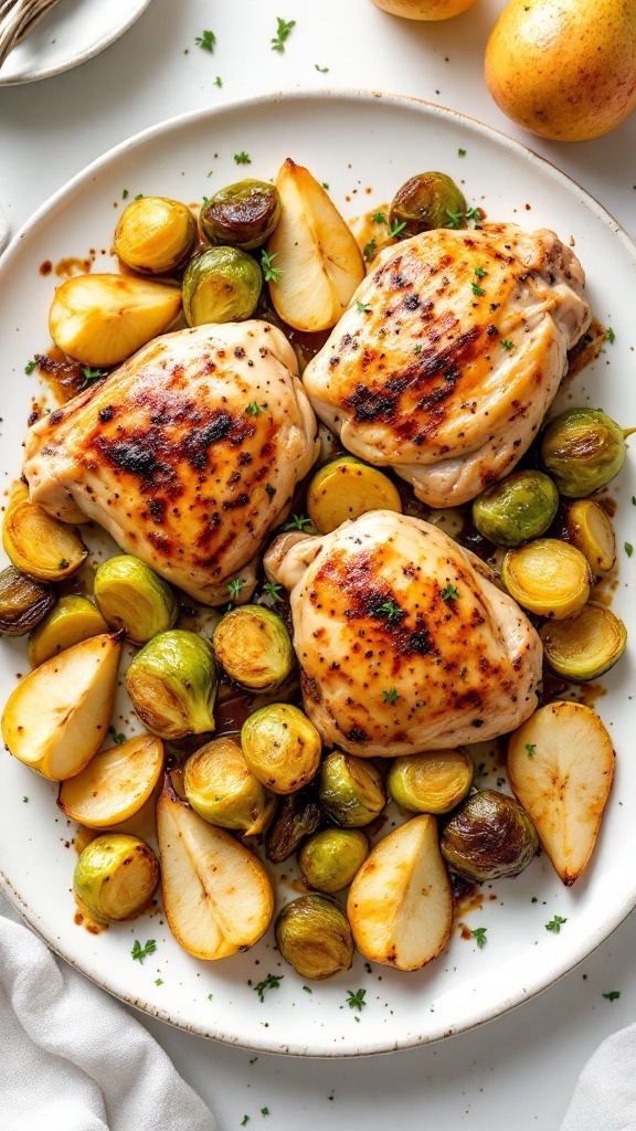 A plate of roasted chicken thighs with pears and Brussels sprouts, garnished with herbs.