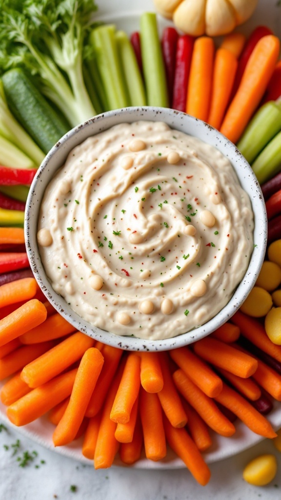 Roasted garlic and white bean dip with a variety of colorful harvest vegetables