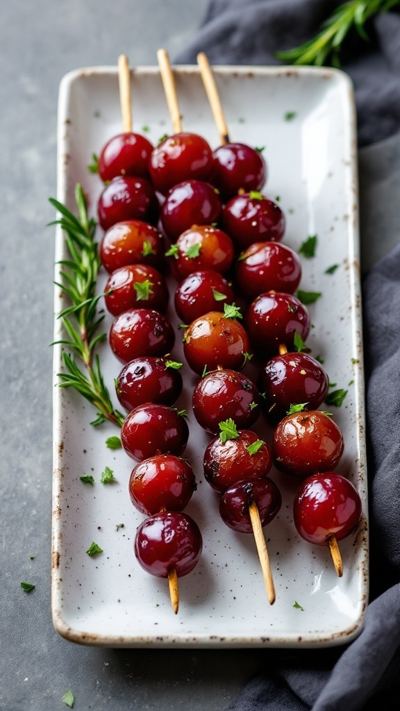 Skewers of roasted grapes with rosemary.