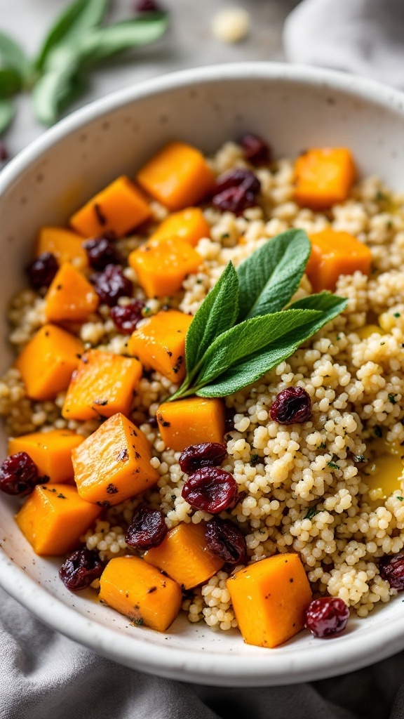 A bowl of roasted pumpkin and quinoa salad garnished with cranberries and sage.