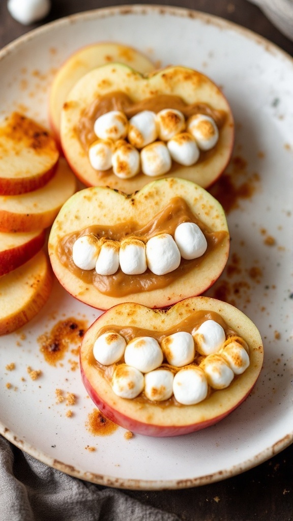 A stack of apple slices with marshmallows resembling teeth, dusted with powdered sugar.