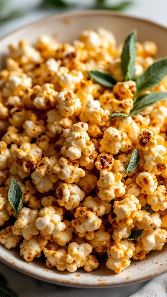 A bowl of sage and brown butter popcorn garnished with fresh sage leaves.