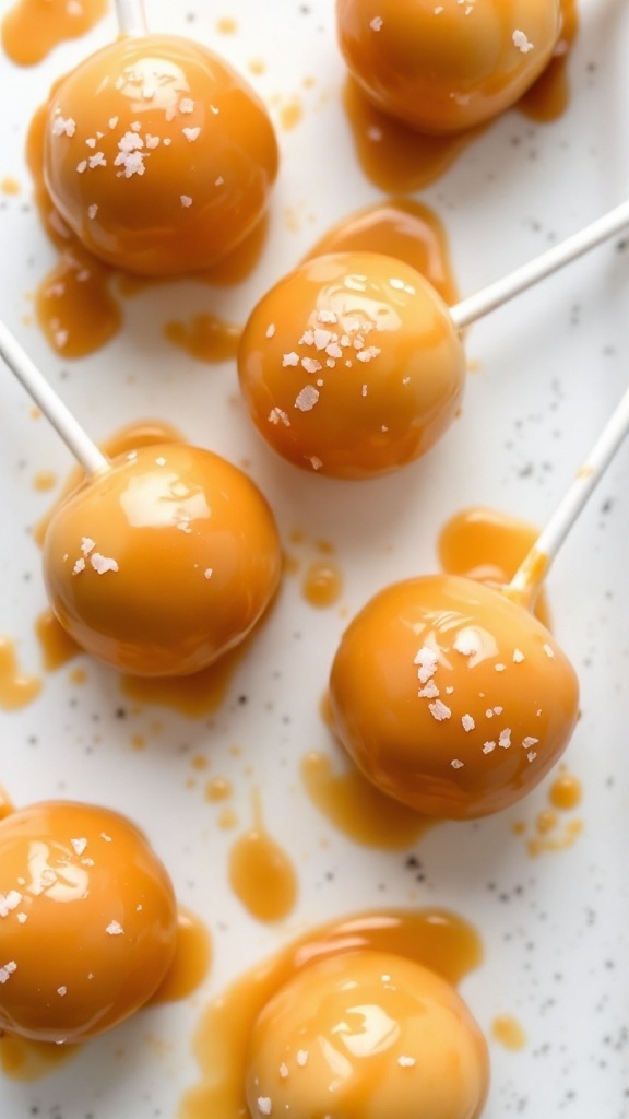 Delicious salted caramel cake pops drizzled with caramel sauce and sprinkled with sea salt.