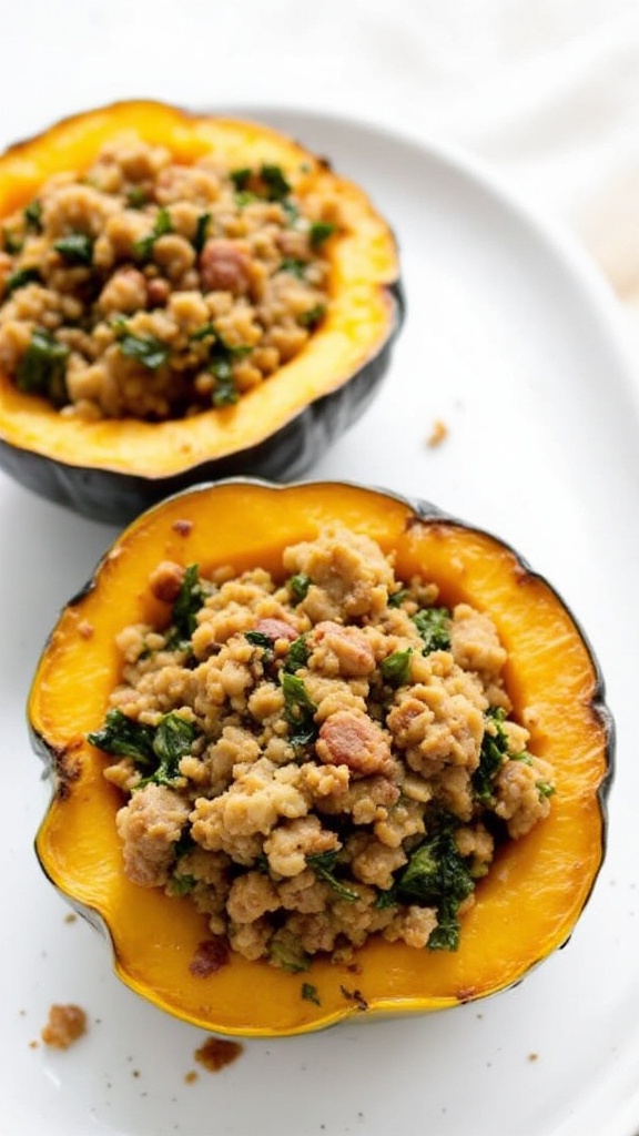 Sausage and kale stuffed acorn squash on a plate