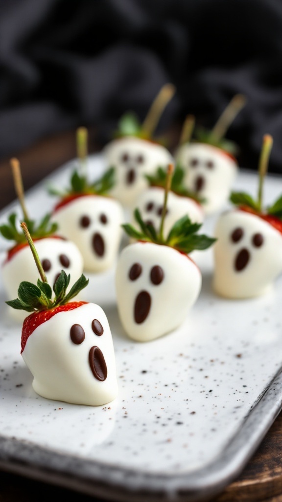 A plate of chocolate-covered strawberries shaped like ghosts with dark chocolate eyes and mouths.