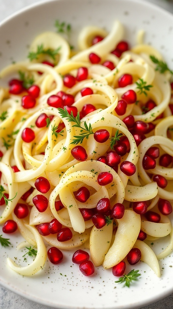 A fresh salad featuring shaved fennel, apple slices, and pomegranate seeds.