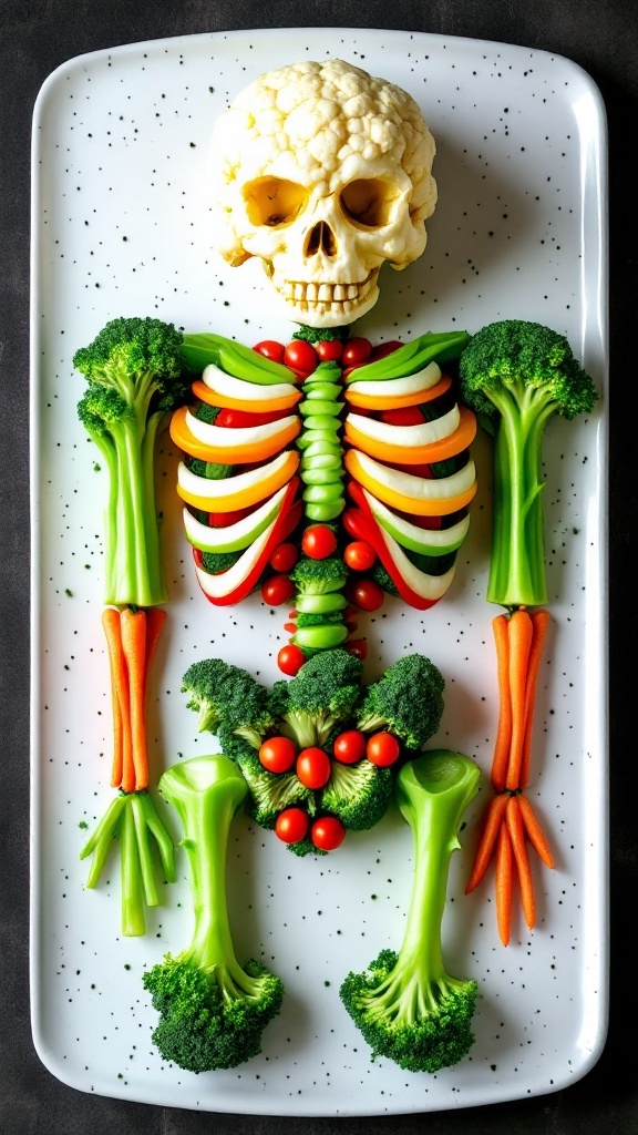 A creatively arranged skeletal veggie platter featuring a cauliflower skull and various colorful vegetables.