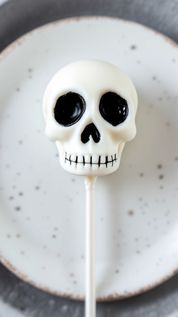Skull-shaped cake pop with hollow eye sockets on a plate.