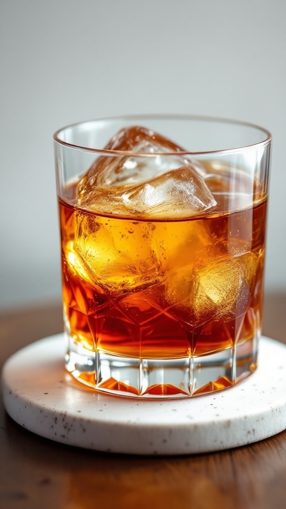 A smoked cinnamon old fashioned cocktail with a cinnamon stick garnish and ice.