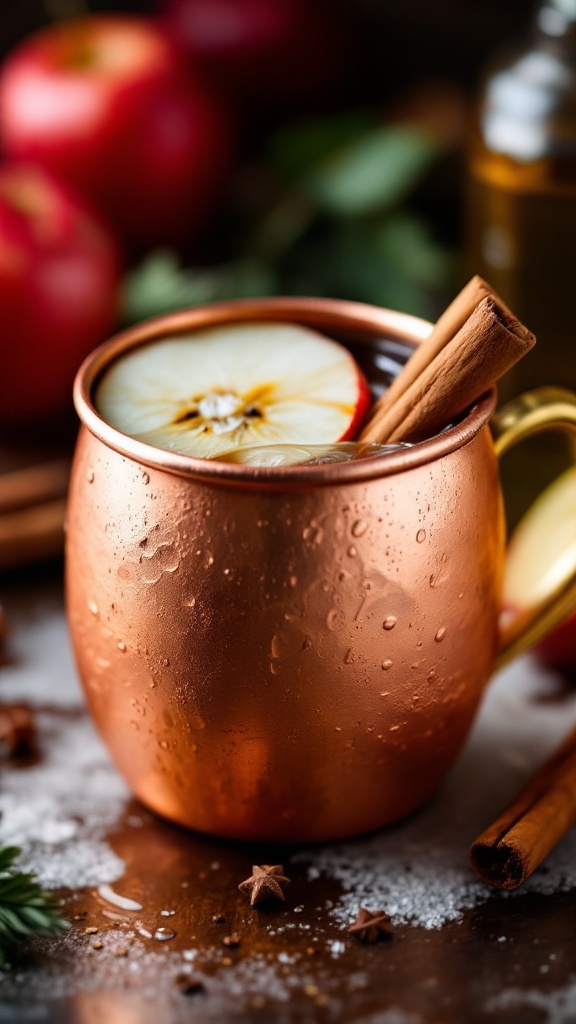 Cocktail with apple cider and spices in a copper mug