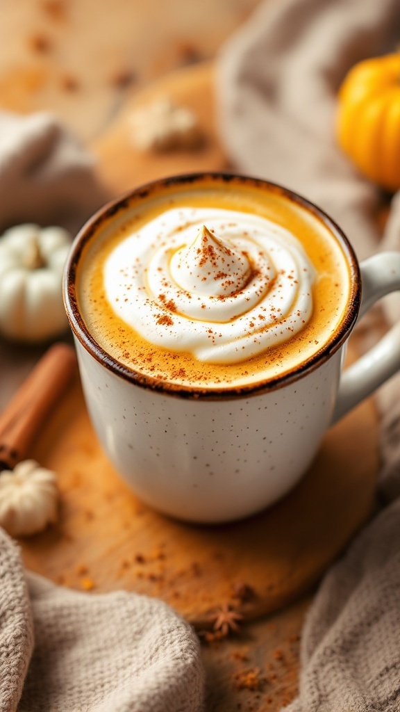 A delicious spiced butternut squash latte topped with whipped cream and cinnamon.