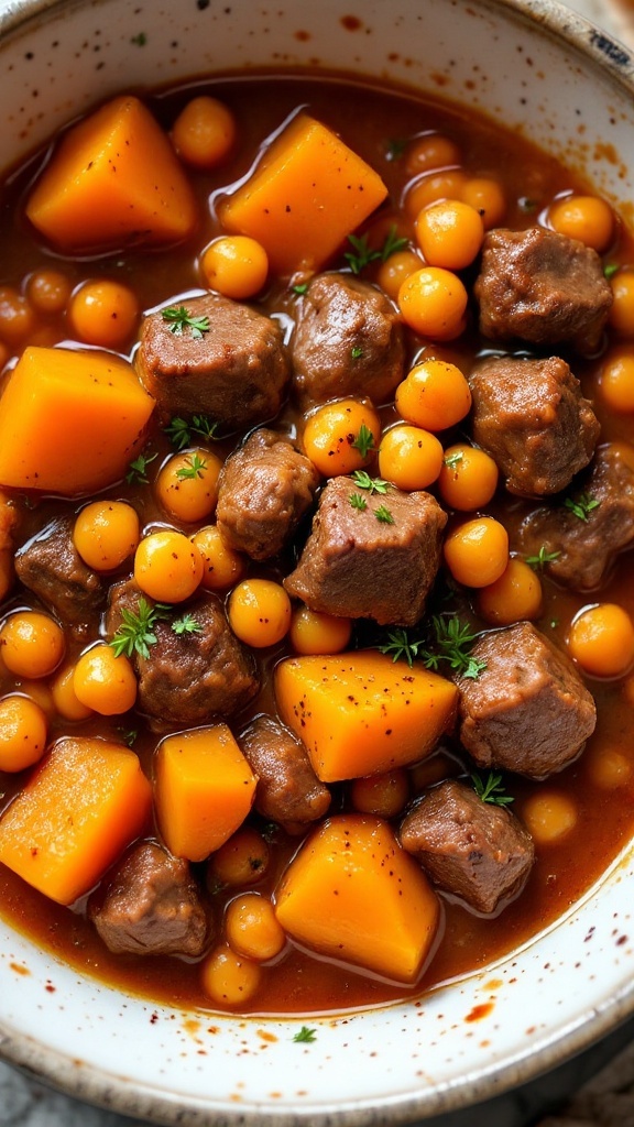 A bowl of lamb stew with butternut squash and chickpeas