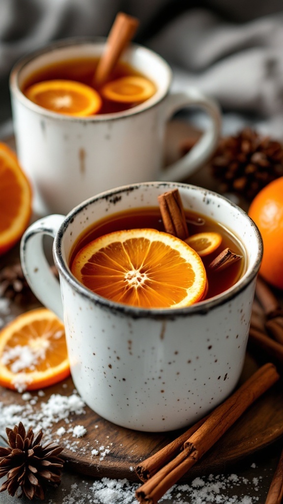 Warm spiced mulled cider in rustic mugs with orange slices and cinnamon sticks