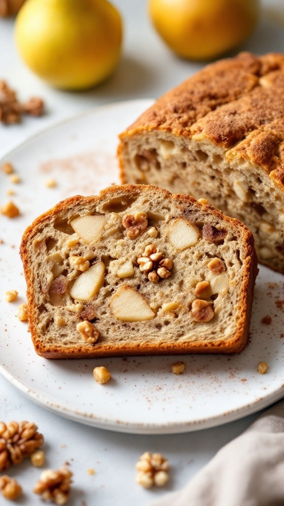 A slice of spiced pear and walnut bread on a plate