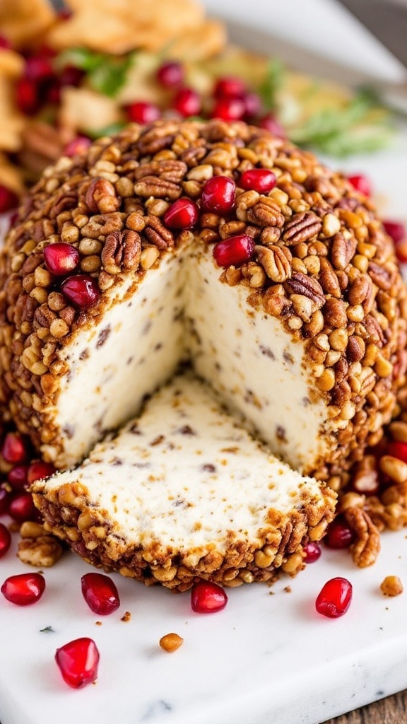 A cheese ball coated in spiced pecans and garnished with pomegranate seeds, surrounded by crackers and nuts.