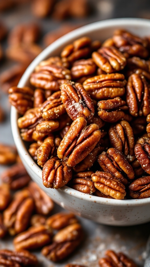 A bowl of spiced pecans with brown sugar.