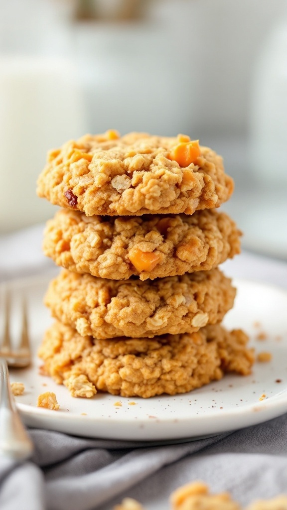 Spiced persimmon oatmeal cookies stacked on a plate