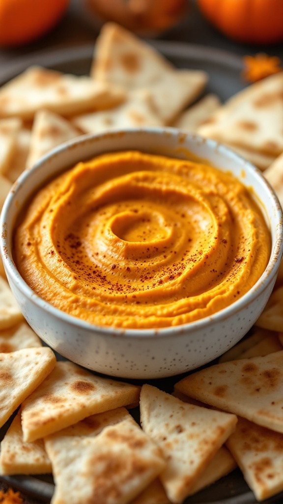 A bowl of spiced pumpkin hummus with warm pita triangles