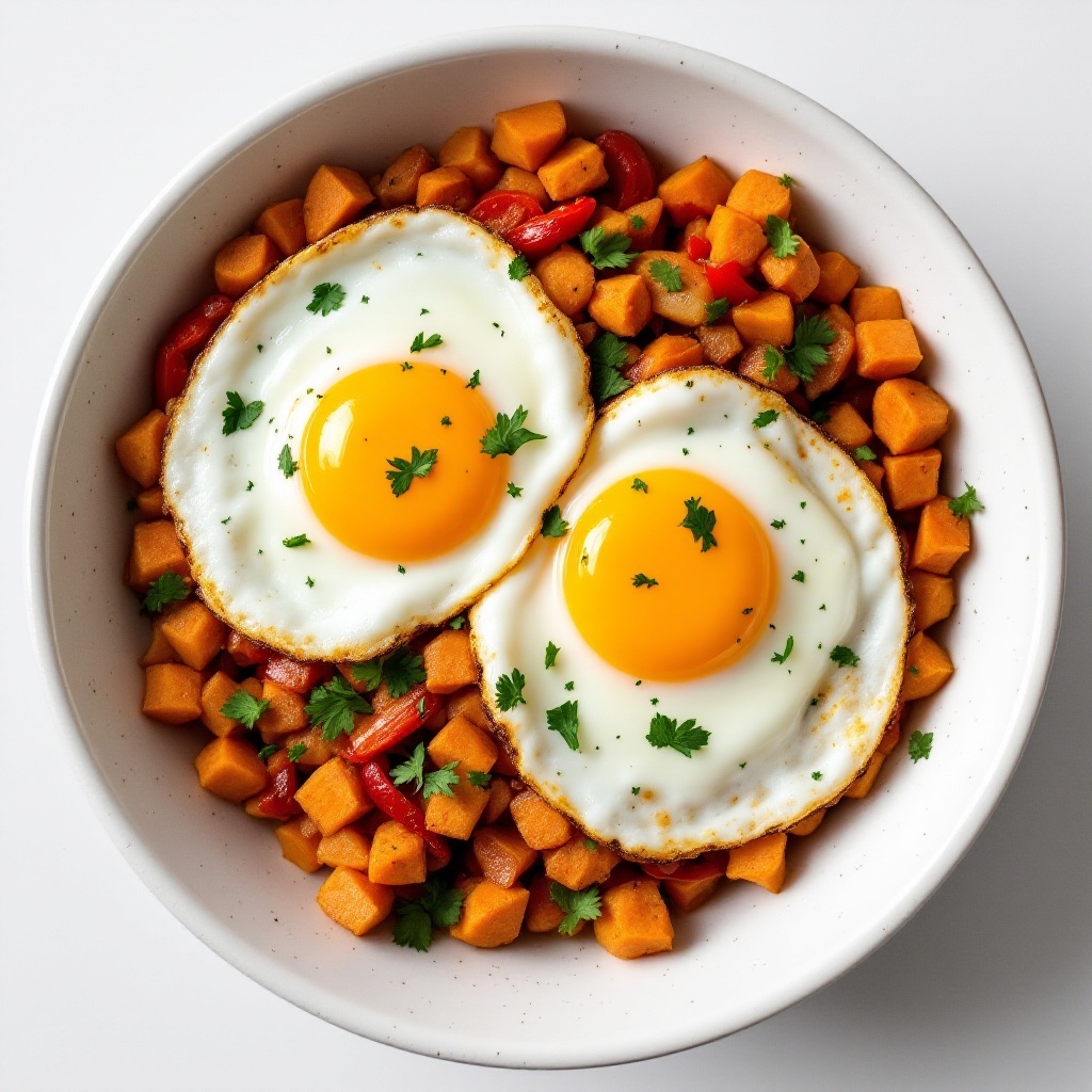 A bowl of spiced sweet potato hash topped with two fried eggs and garnished with cilantro.