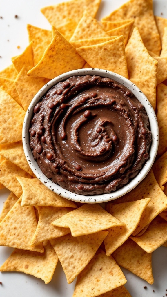 A bowl of black bean dip surrounded by tortilla chips, styled for Halloween.