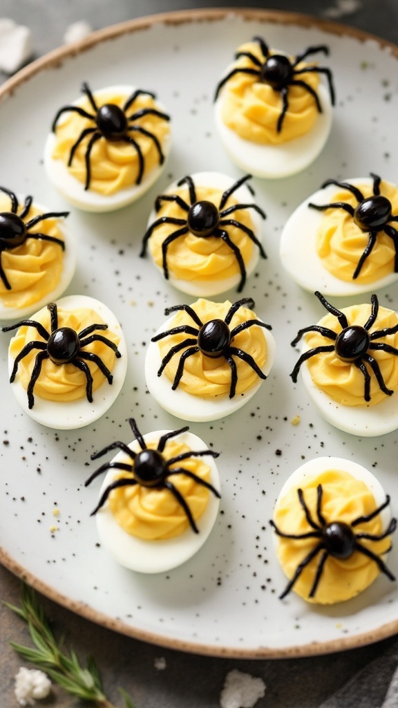 A plate of spider deviled eggs decorated with olives and licorice.