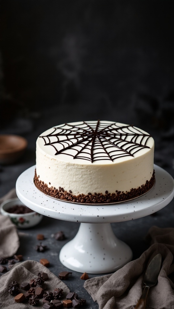 A Halloween-inspired cheesecake decorated with a spider web design.