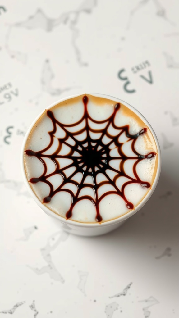 A flat white coffee with a spider web design made of chocolate syrup on top.