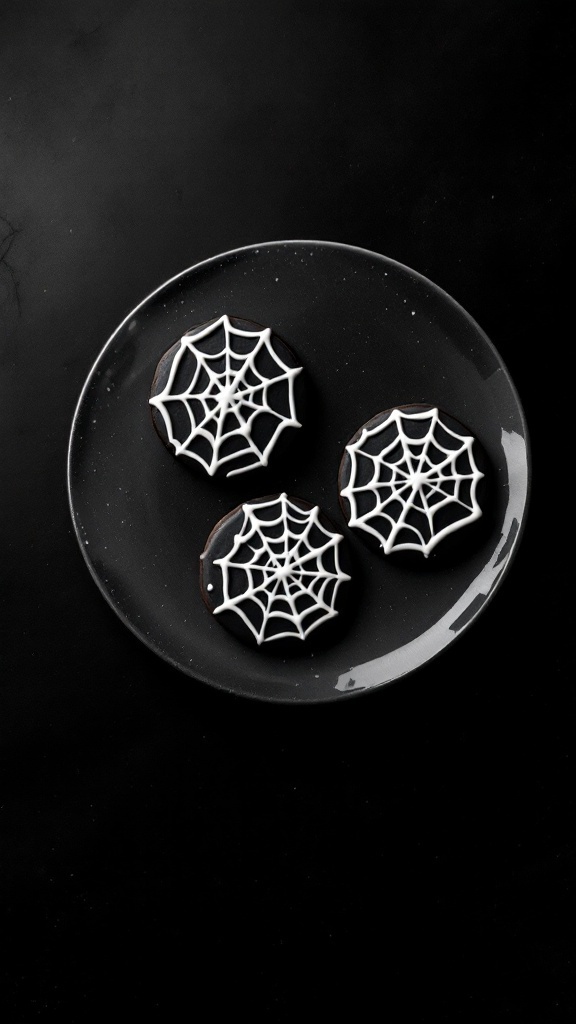 Decorative spider web iced cookies on a plate.