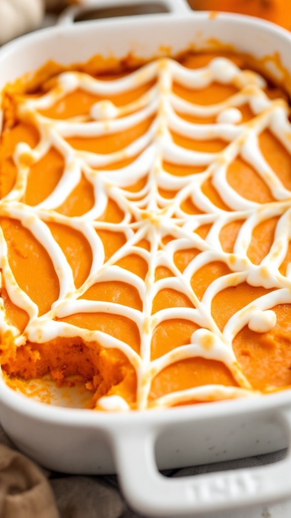 A festive sweet potato casserole with a spider web design on top.