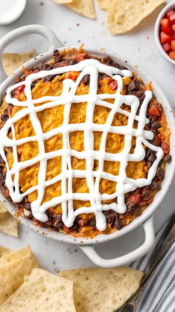 A delicious spider web taco dip topped with sour cream and garnished with cilantro.