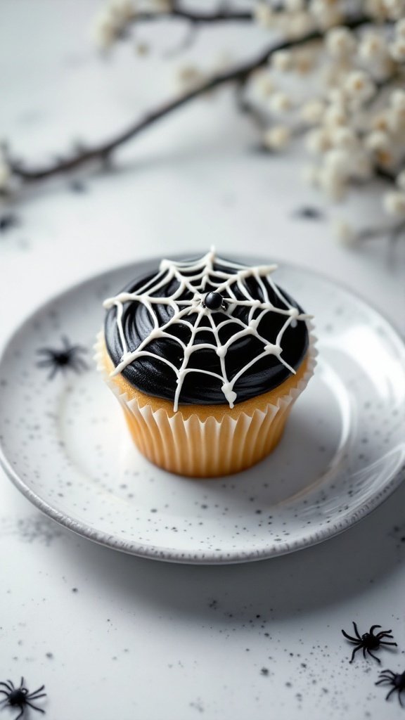 Spider web decorated vanilla cupcake on a plate