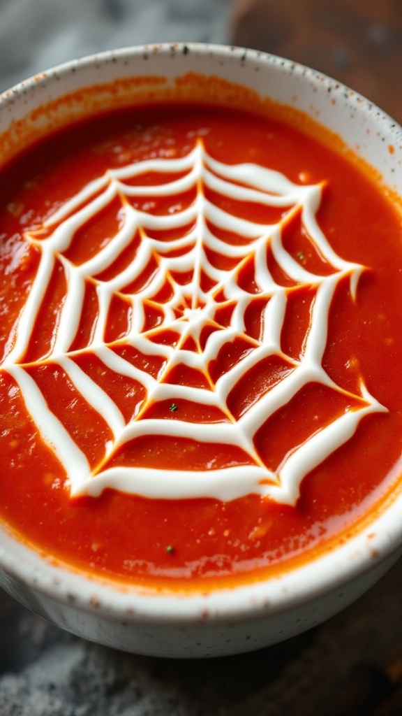 A bowl of tomato soup topped with a spiderweb design made from cream.