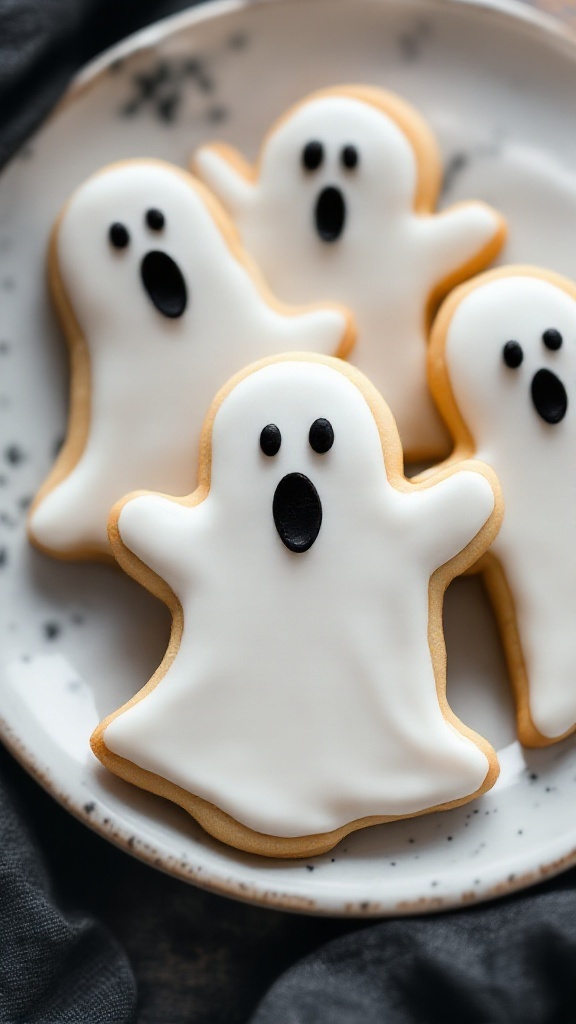 Spooky ghost-shaped sugar cookies decorated with white icing and black details