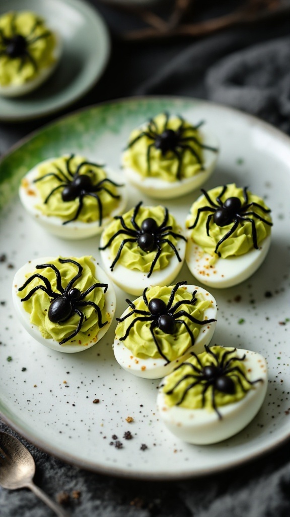 A plate of decorated deviled eggs shaped like spiders for a Halloween treat.