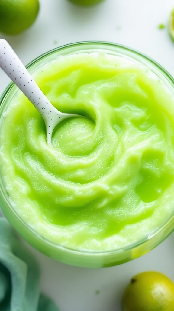A vibrant green punch in a bowl with a spoon, evoking a swampy theme for Halloween.