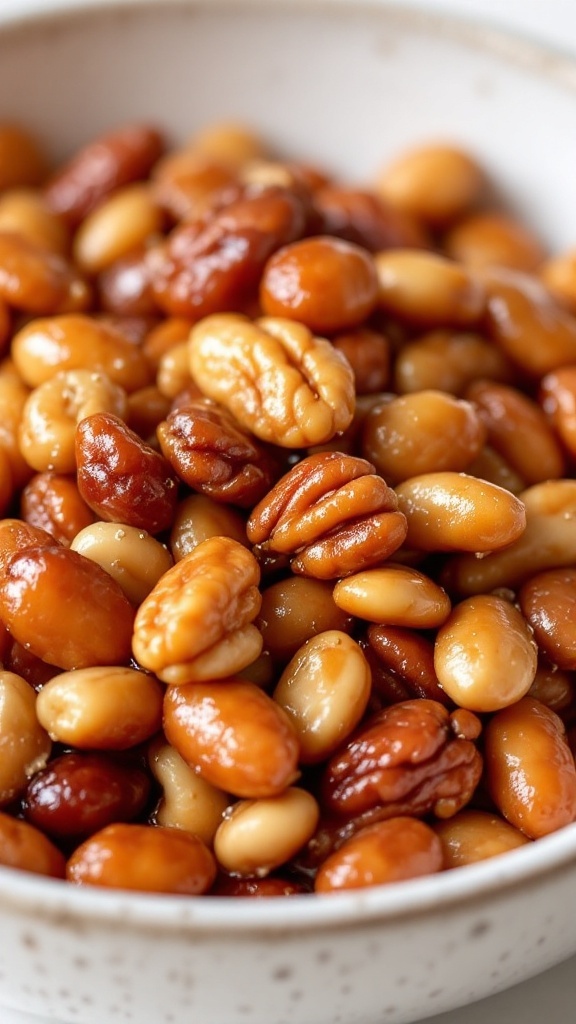 Bowl of sweet and spicy mixed nuts coated in a maple glaze.