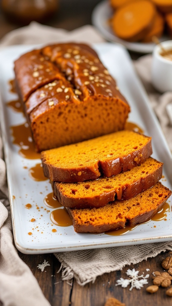 Slices of sweet potato bread with a brown sugar glaze on a plate.