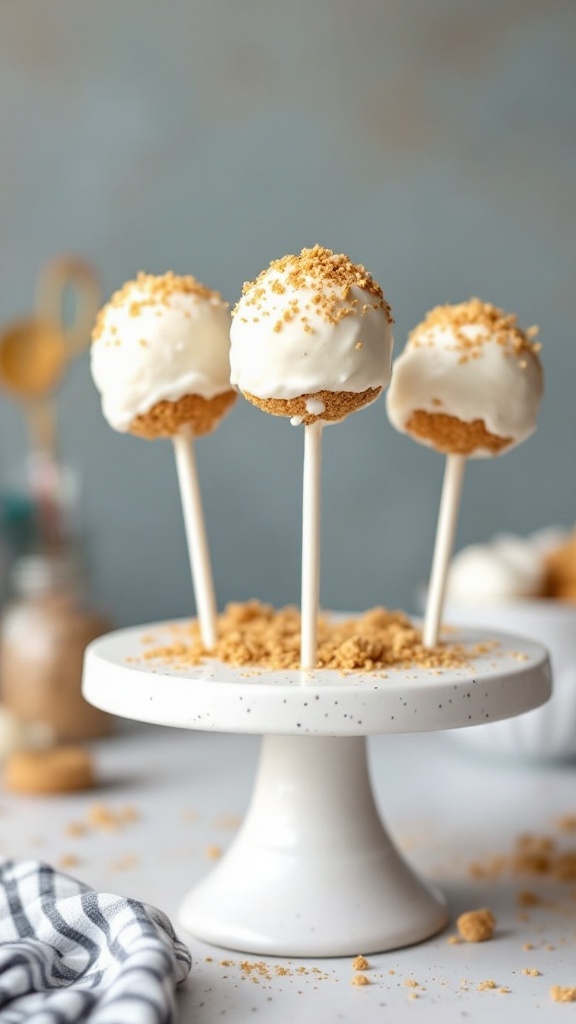 Sweet potato cake pops with a marshmallow coating on a cake stand.