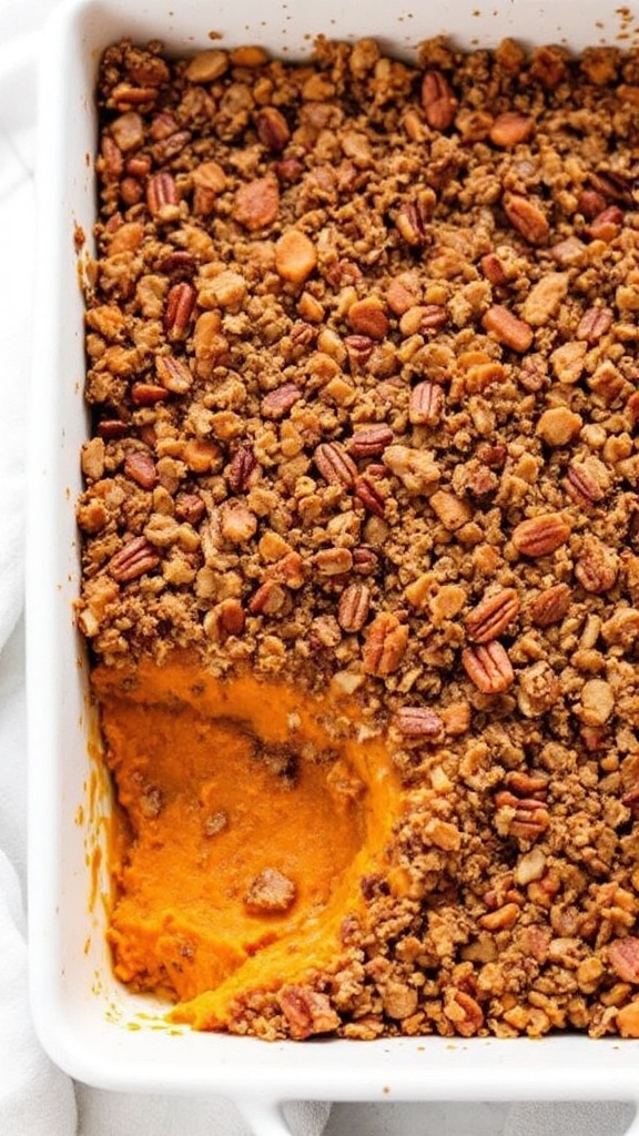 A cozy dish of sweet potato casserole topped with pecan streusel.
