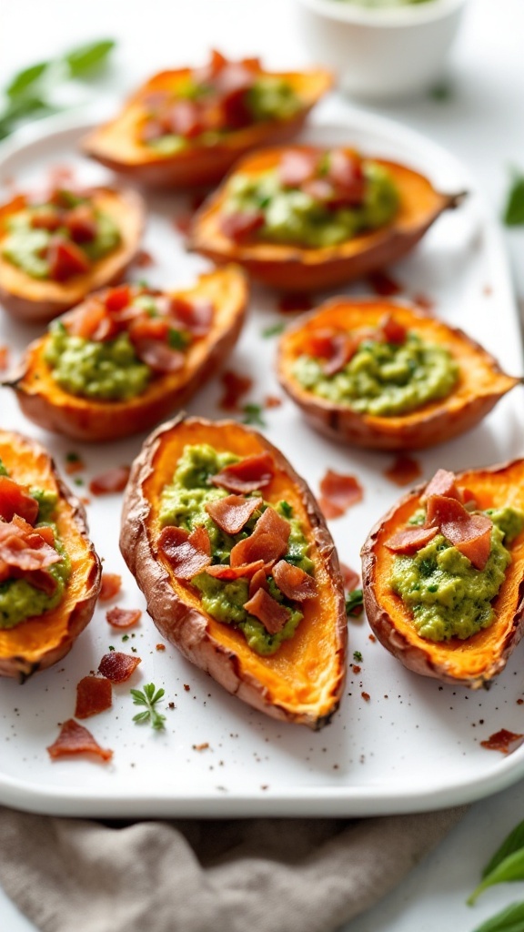 A plate of sweet potato skins topped with sage pesto and crispy pancetta, perfect for fall appetizers.