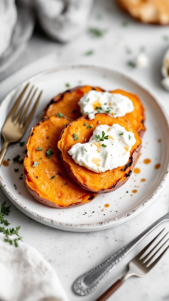 A plate of sweet potato toast topped with maple ricotta and herbs.