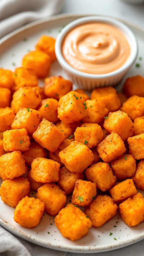 A plate of sweet potato tots with a side of chipotle aioli.