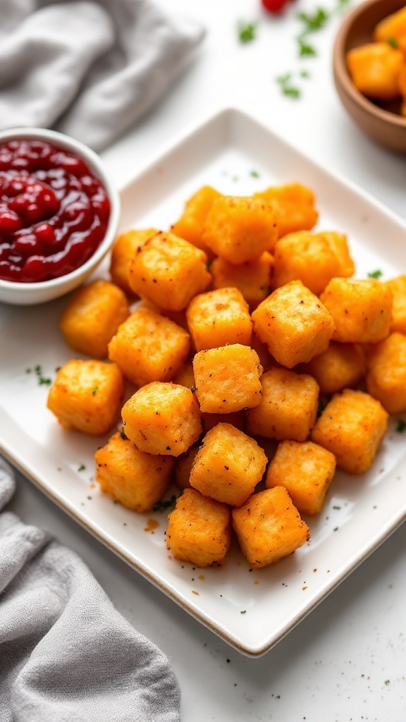Sweet potato tots served with cranberry ketchup