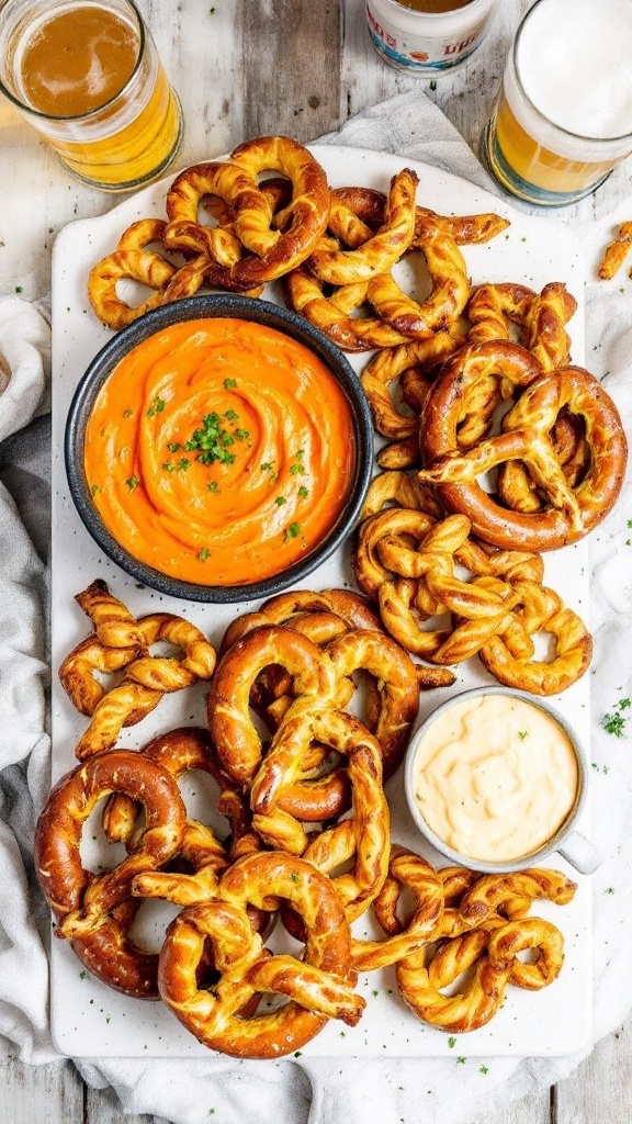 A cozy tailgate spread featuring buffalo chicken dip, soft pretzels, and beer cheese.