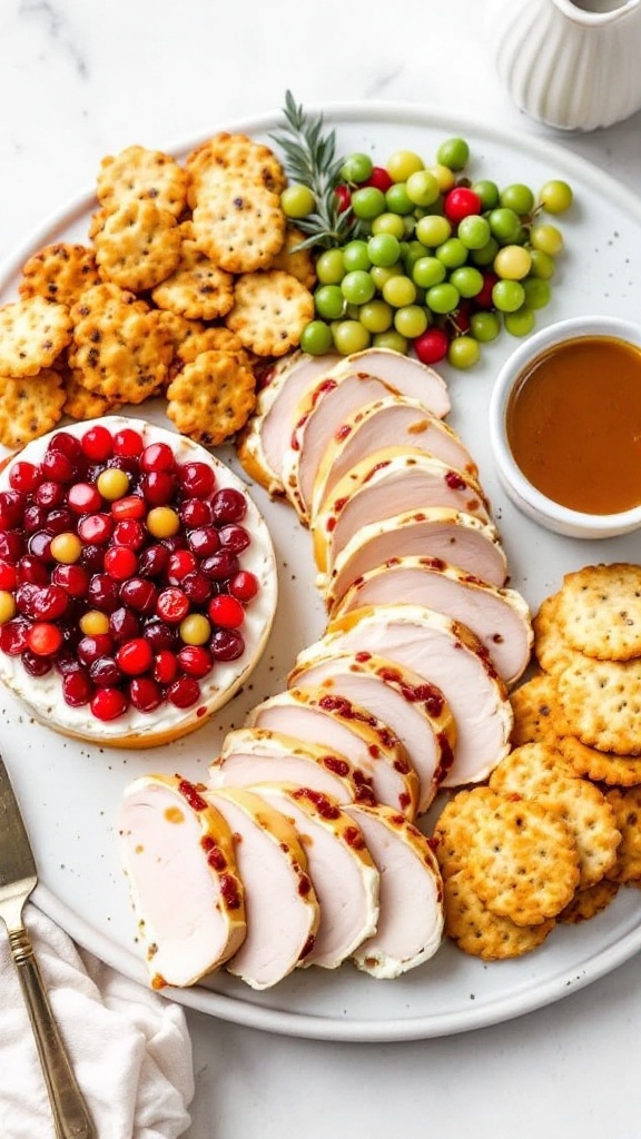 Thanksgiving leftover charcuterie board featuring cranberry brie, turkey slices, stuffing crackers, and gravy