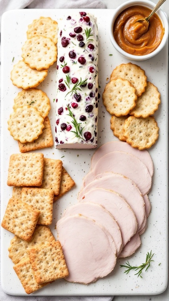 Thanksgiving charcuterie board with cranberry goat cheese, turkey breast, rosemary crackers, and apple butter