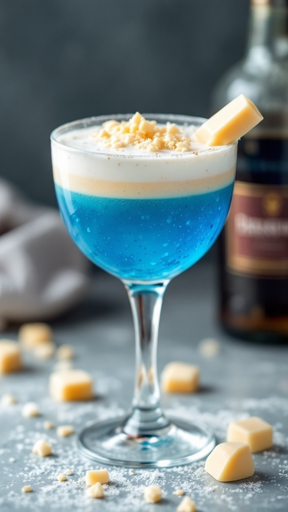 A blue cocktail in a fancy glass topped with chocolate and cream.