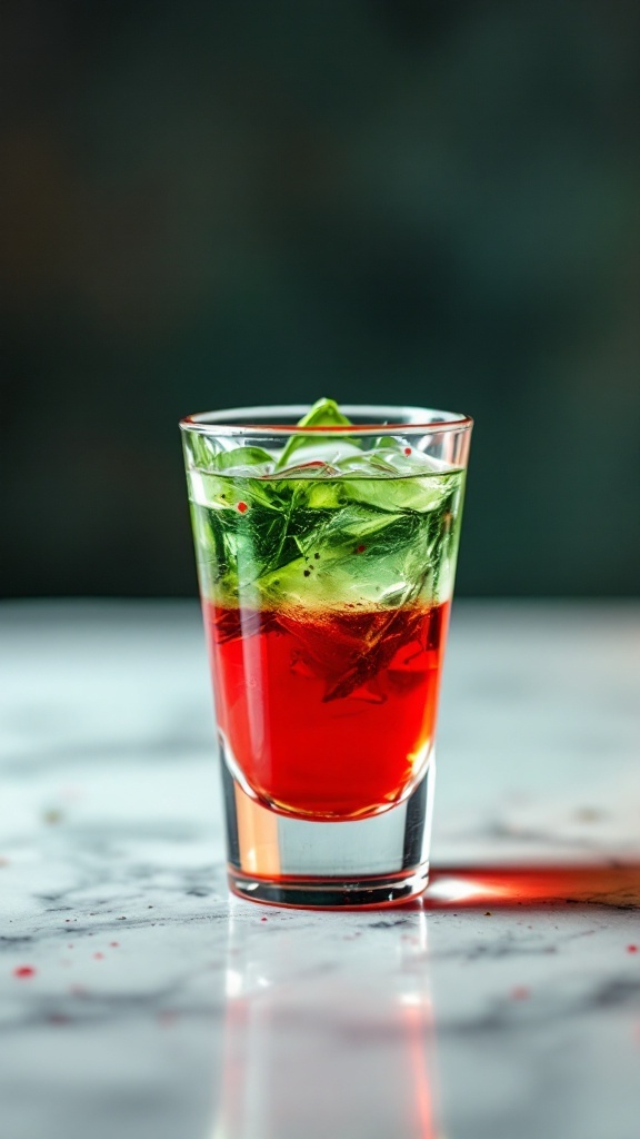 A colorful Halloween cocktail with layers of raspberry and mint liqueurs garnished with fresh mint leaves.