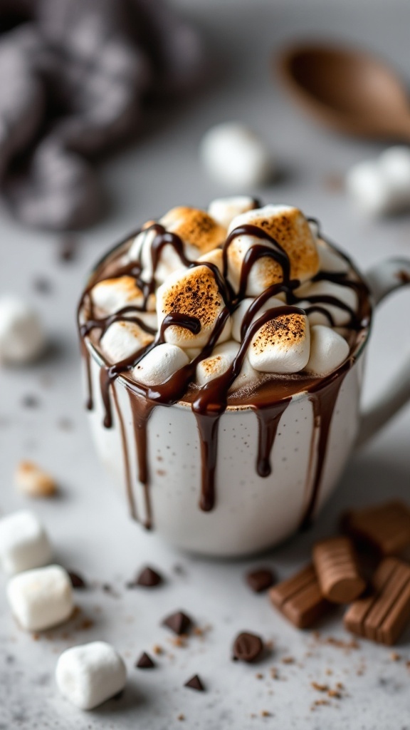 Toasted Marshmallow Mocha in a cup with chocolate drizzle and marshmallows on top.
