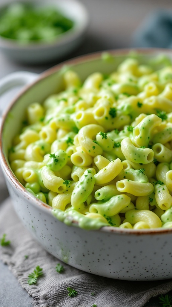 A vibrant green mac and cheese dish, perfect for Halloween parties.